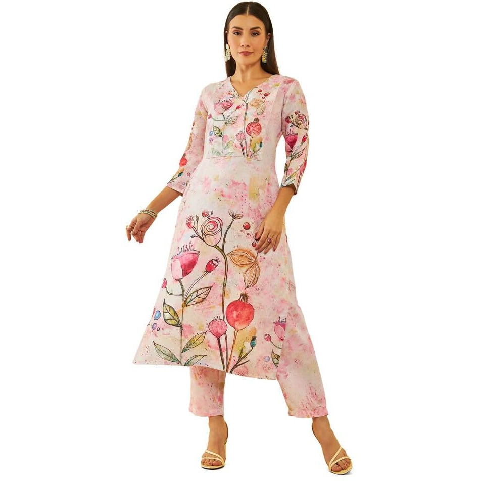 Soch Womens Pink Poly Linen Floral Printed Co-Ord Set With Mirror Work