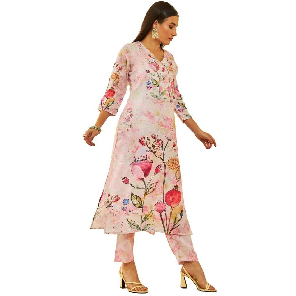 Soch Womens Pink Poly Linen Floral Printed Co-Ord Set With Mirror Work