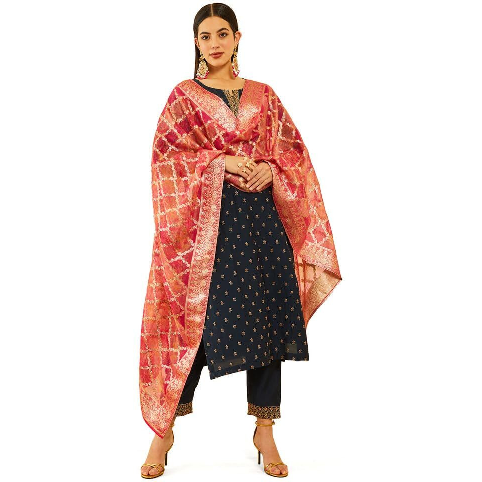 Soch Womens Navy Blue Silk Blend Embroidered Suit Set With Thread Work