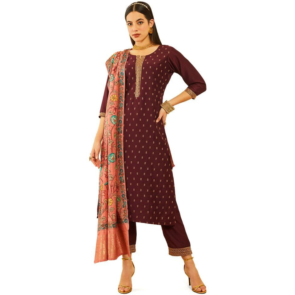 Soch Womens Maroon Silk Blend Embroidered Suit Set With Thread Work