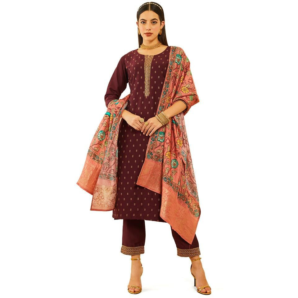 Soch Womens Maroon Silk Blend Embroidered Suit Set With Thread Work