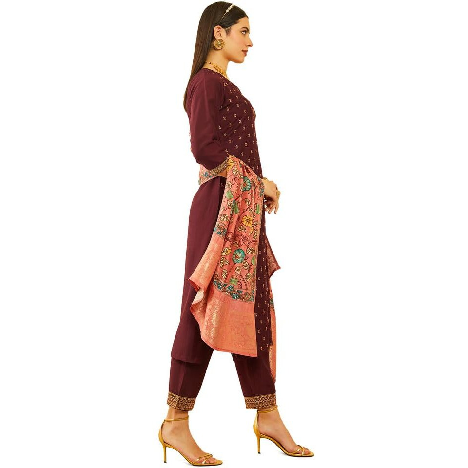 Soch Womens Maroon Silk Blend Embroidered Suit Set With Thread Work