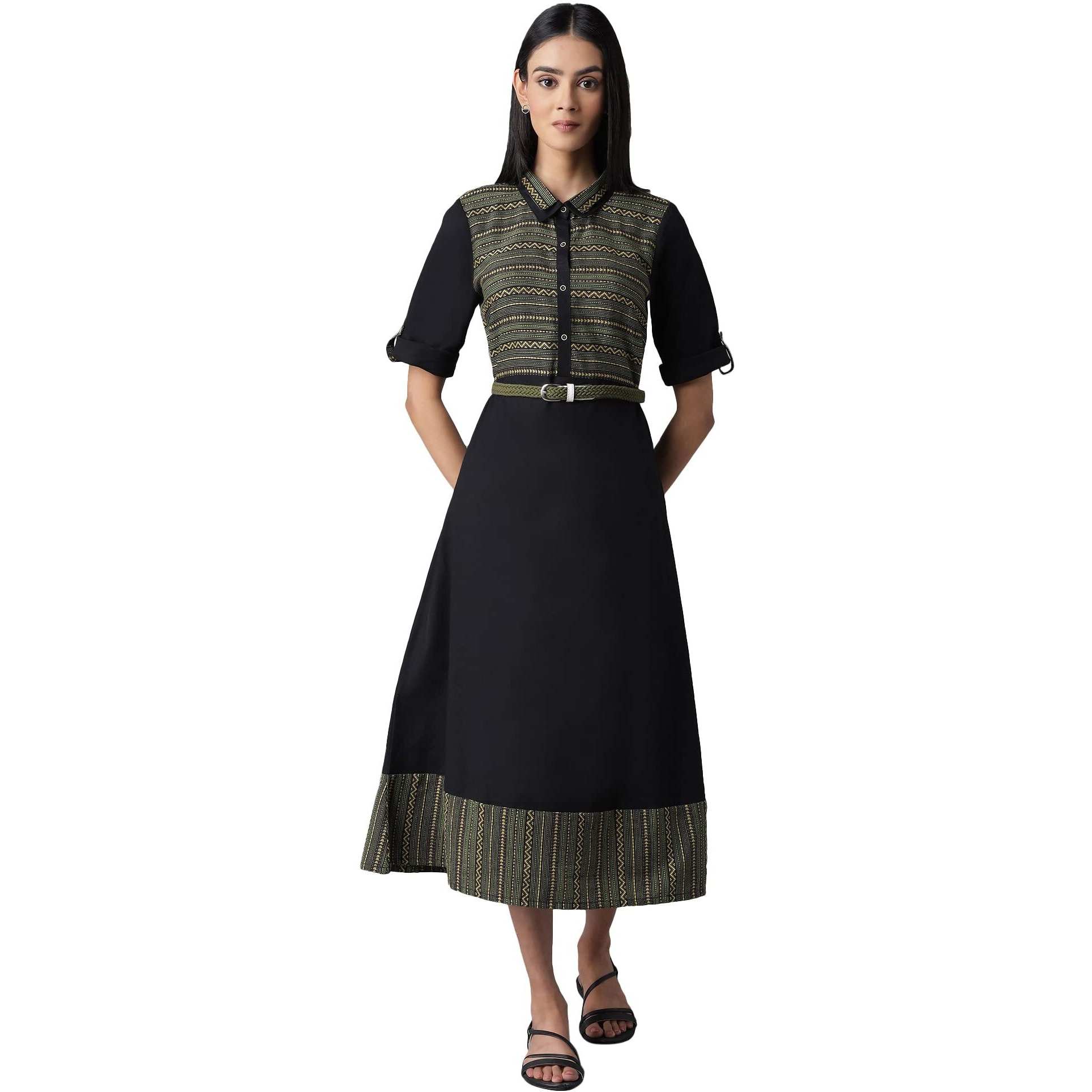 Aurelia Women's Cotton Black Flared Dress Below The Knee (22Fea12862-702979 Xl)