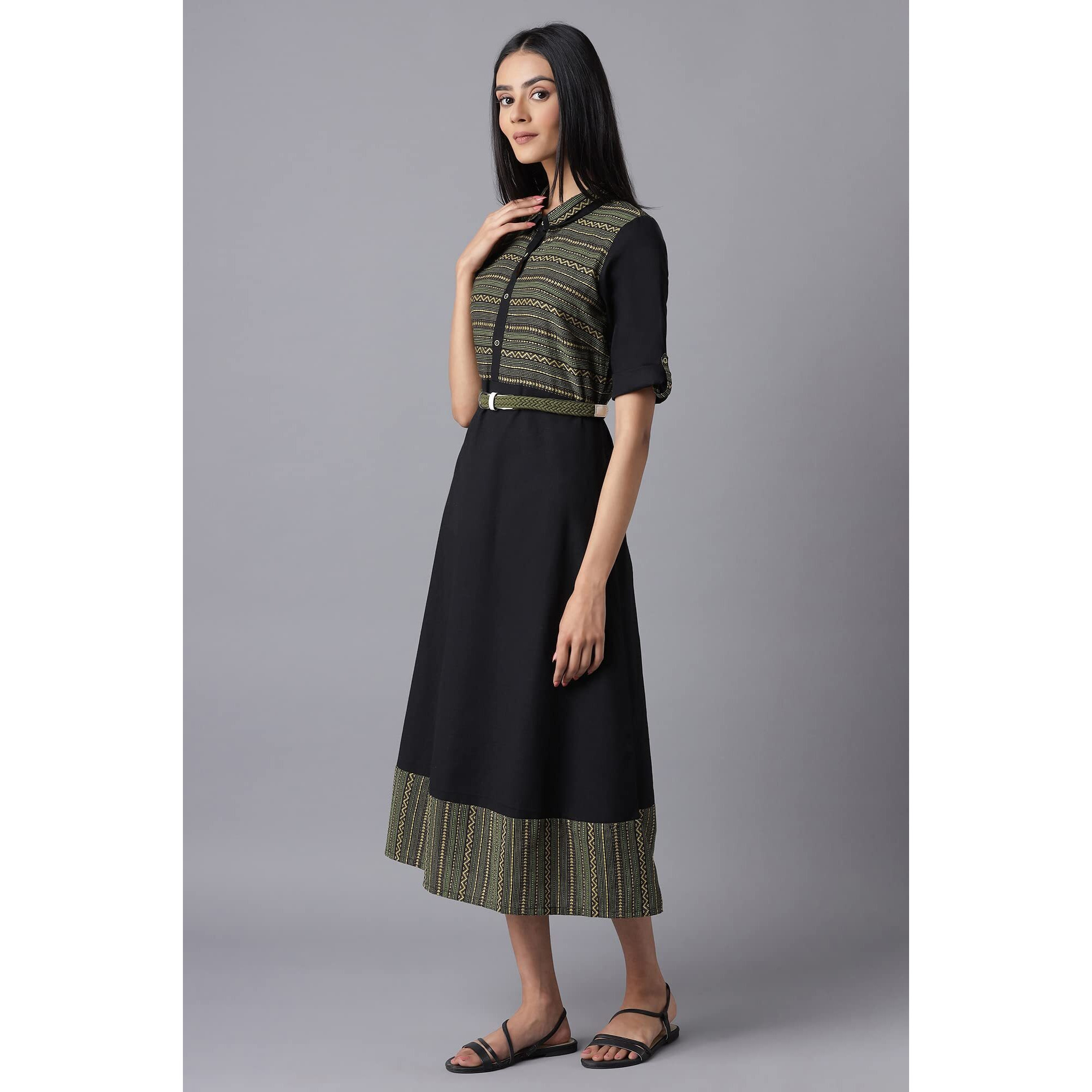 Aurelia Women's Cotton Black Flared Dress Below The Knee (22Fea12862-702979 Xl)
