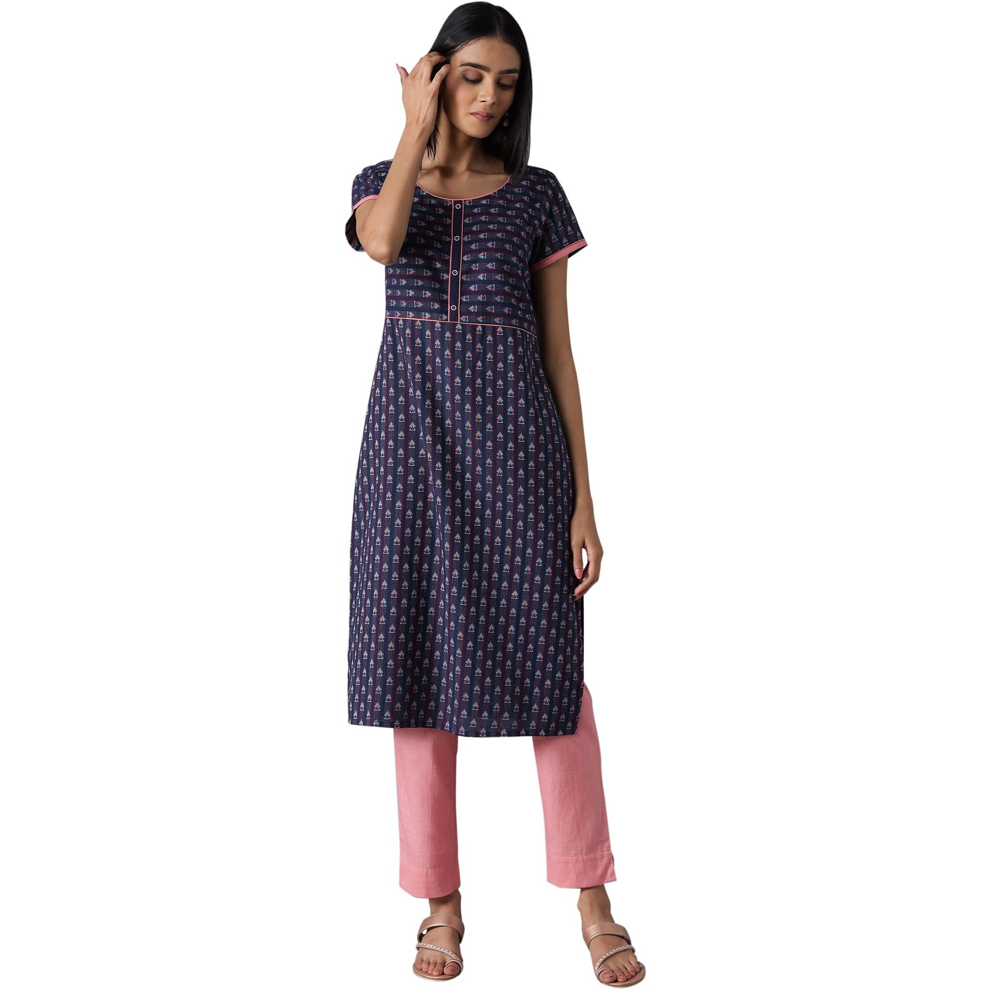 Aurelia Navy Geometric Printed Printed Cotton Regular Kurta For Women