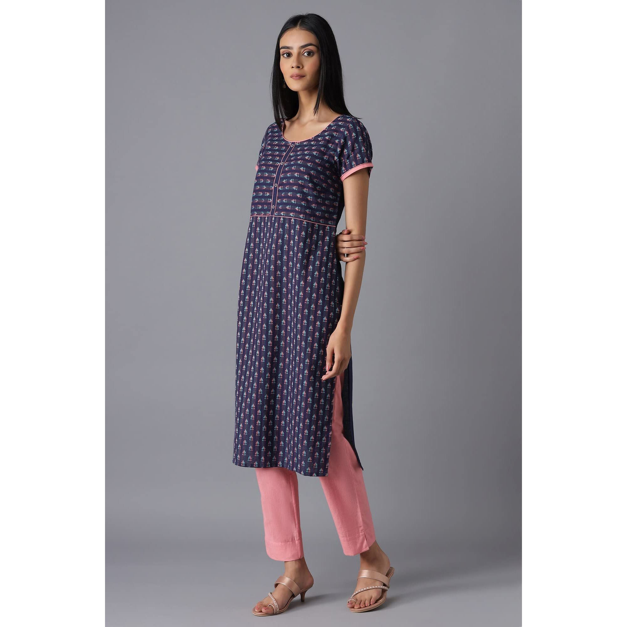 Aurelia Navy Geometric Printed Printed Cotton Regular Kurta For Women
