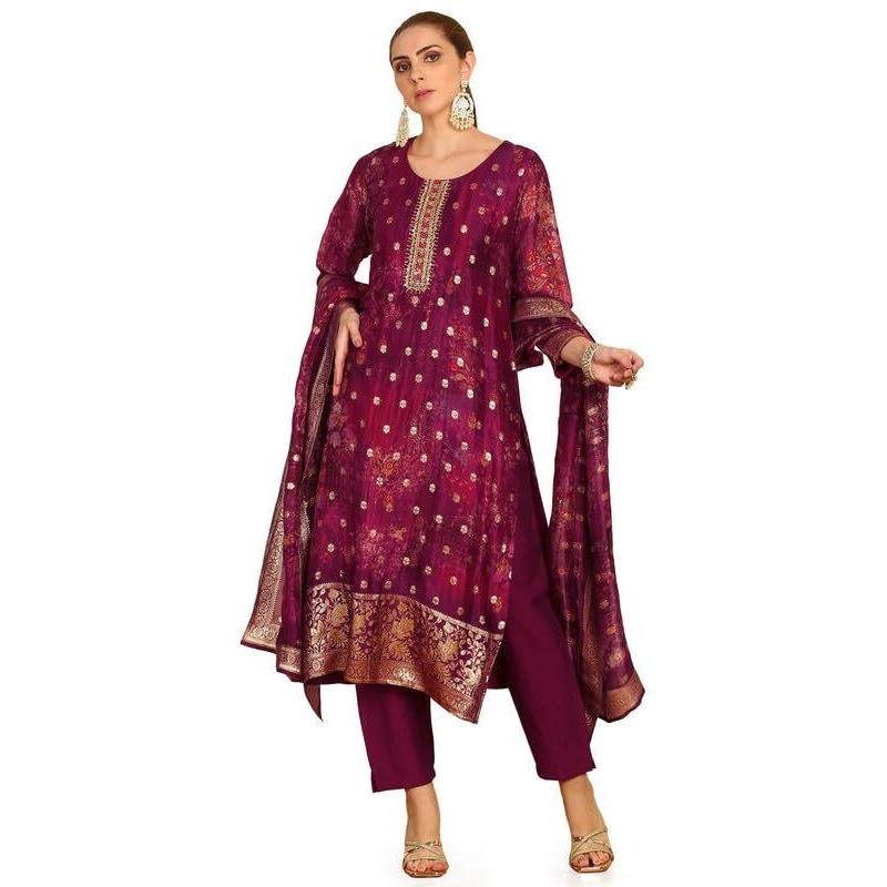 Soch Womens Magenta Floral Printed Organza Suit Set