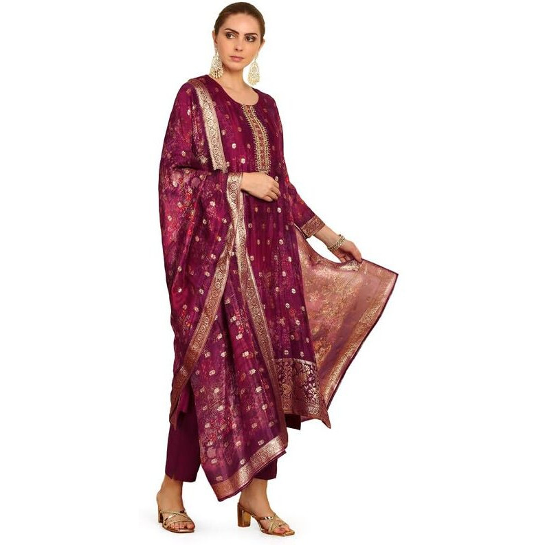 Soch Womens Magenta Floral Printed Organza Suit Set
