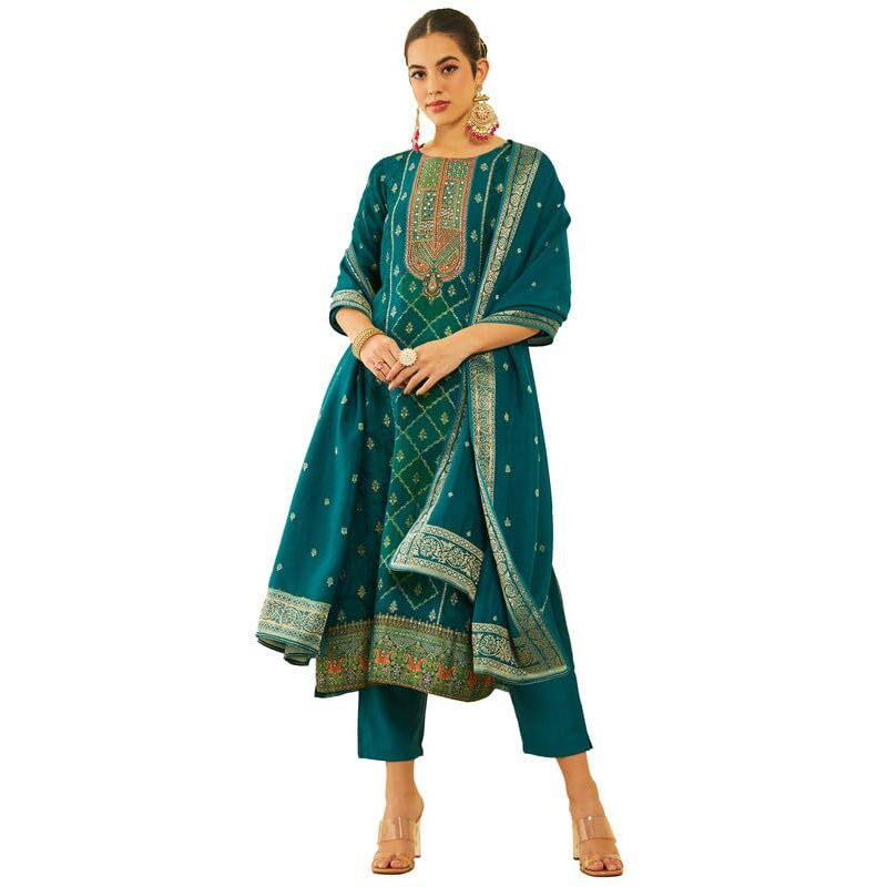 Soch Womens Green Brocade Kantha Print Suit Set With Cutdana Work