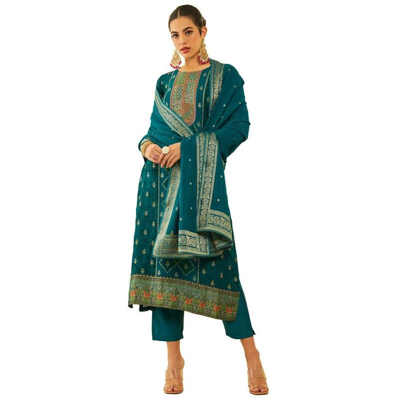 Soch Womens Green Brocade Kantha Print Suit Set With Cutdana Work