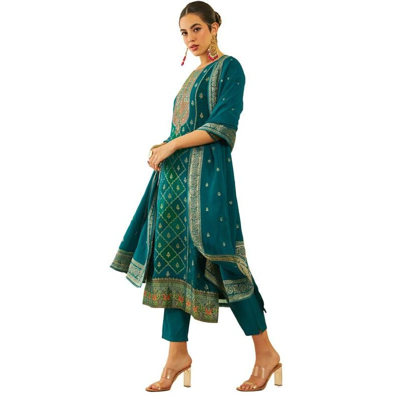 Soch Womens Green Brocade Kantha Print Suit Set With Cutdana Work