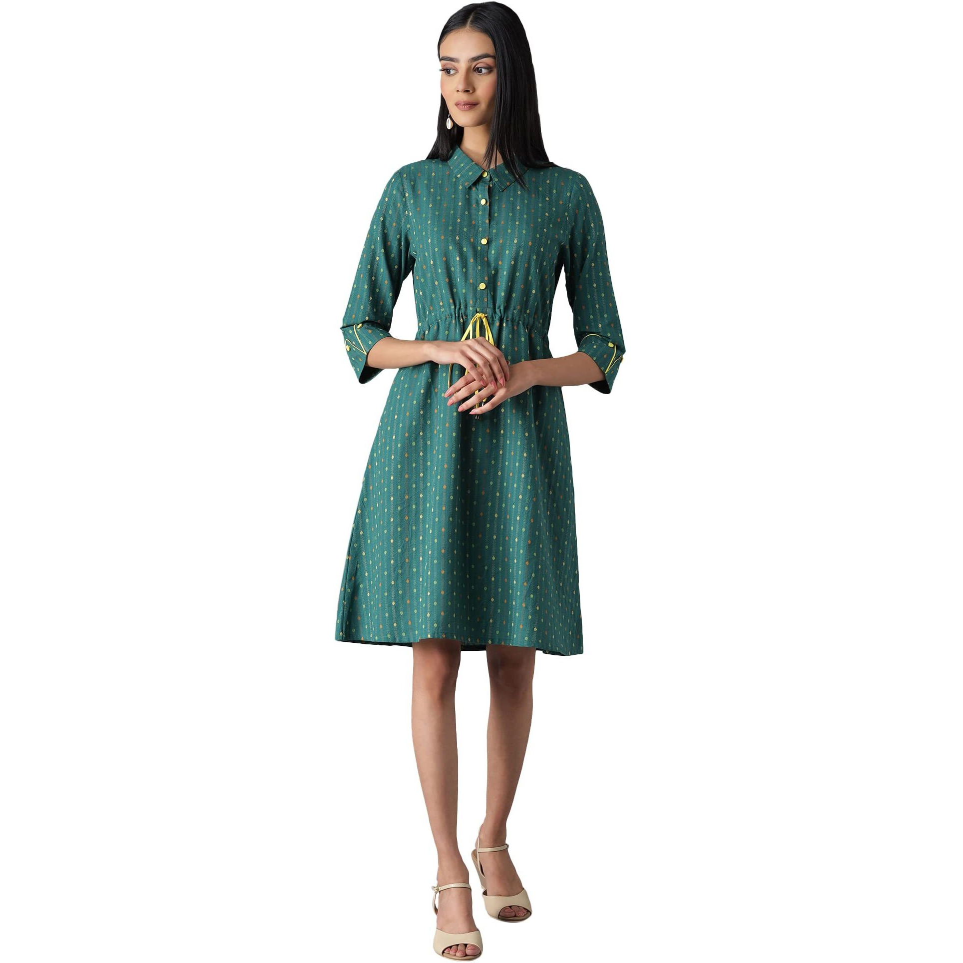 Aurelia Women's Cotton Black A-Line Dress Below The Knee (22Fea12869-701905_Green_M)
