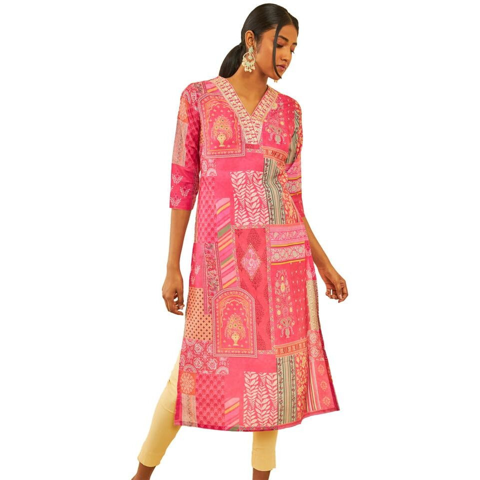 Soch Womens Fuchsia Muslin Blend Ethnic Motif Printed Kurta With Zari