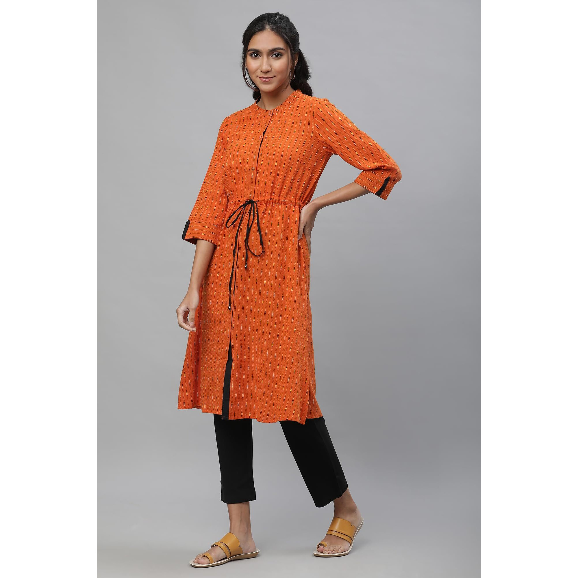 Aurelia Women's Cotton Geometric Regular Kurta (22Fea12868-701904_Orange_Xl)