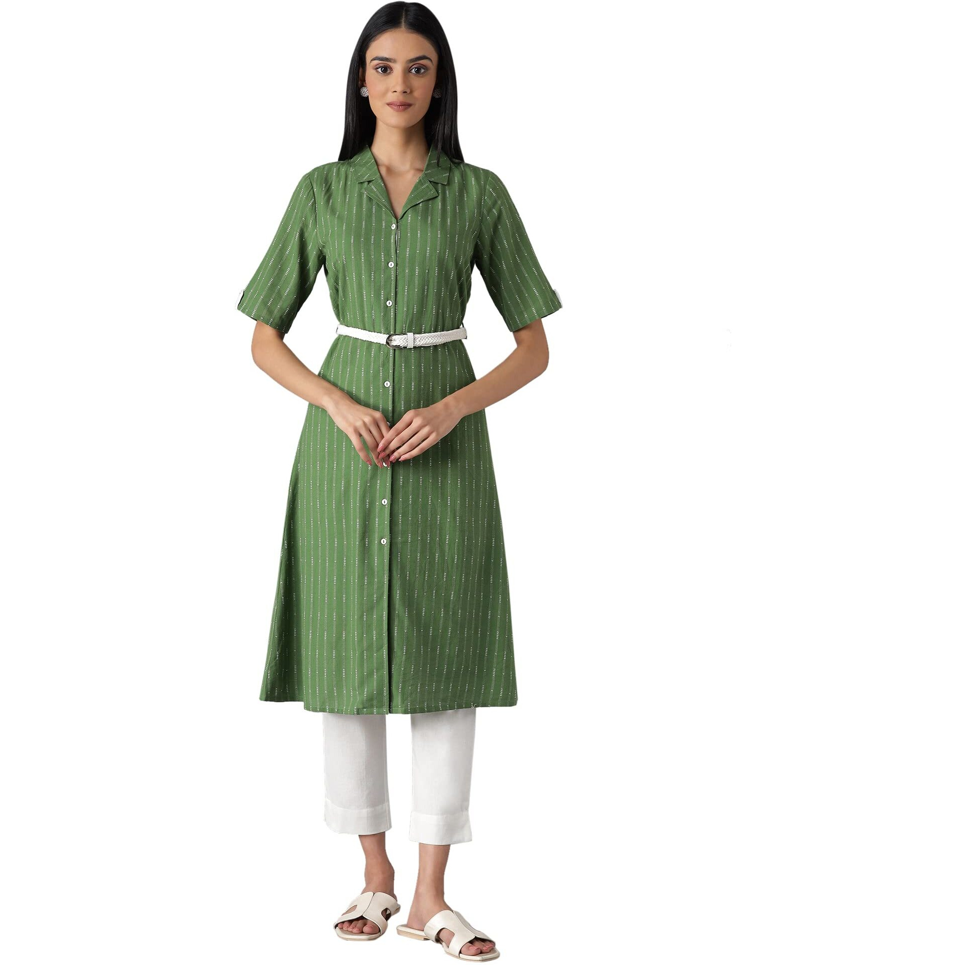 Aurelia Women's Cotton Geometric Regular Kurta (22Fea12980-701922_Green_Xs)