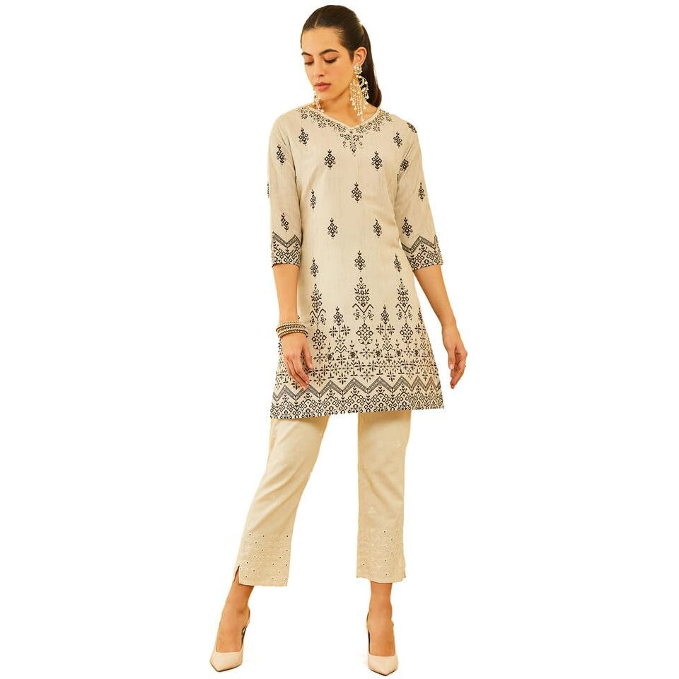 Soch Womens Beige Poly Muslin Floral Printed Kurta With Cutdana