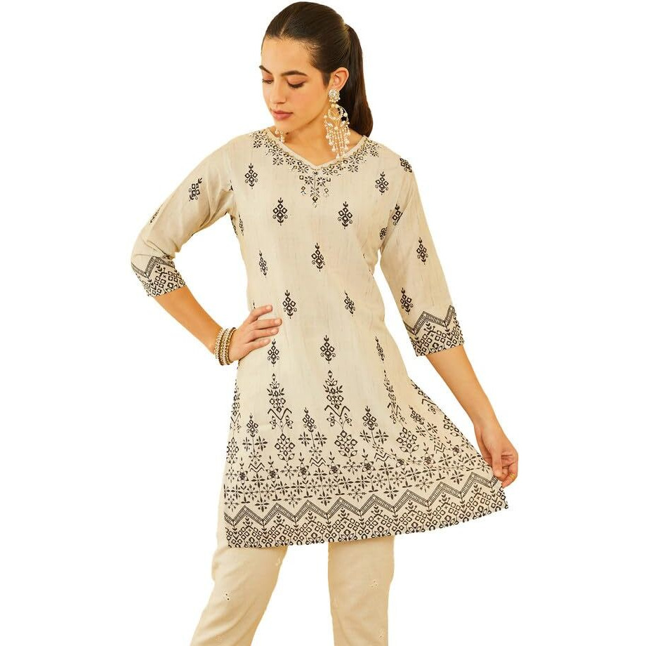 Soch Womens Beige Poly Muslin Floral Printed Kurta With Cutdana