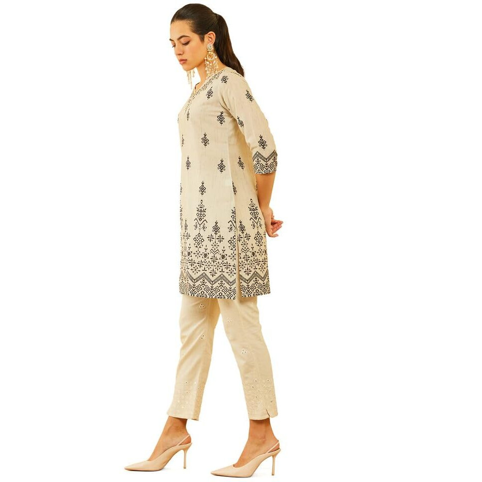 Soch Womens Beige Poly Muslin Floral Printed Kurta With Cutdana
