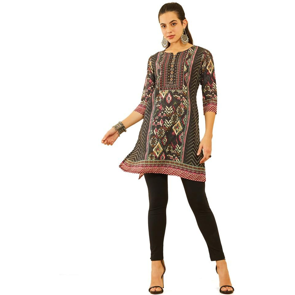 Soch Womens Black Poly Muslin Chevron Ethnic Printed Kurta With Cutdana