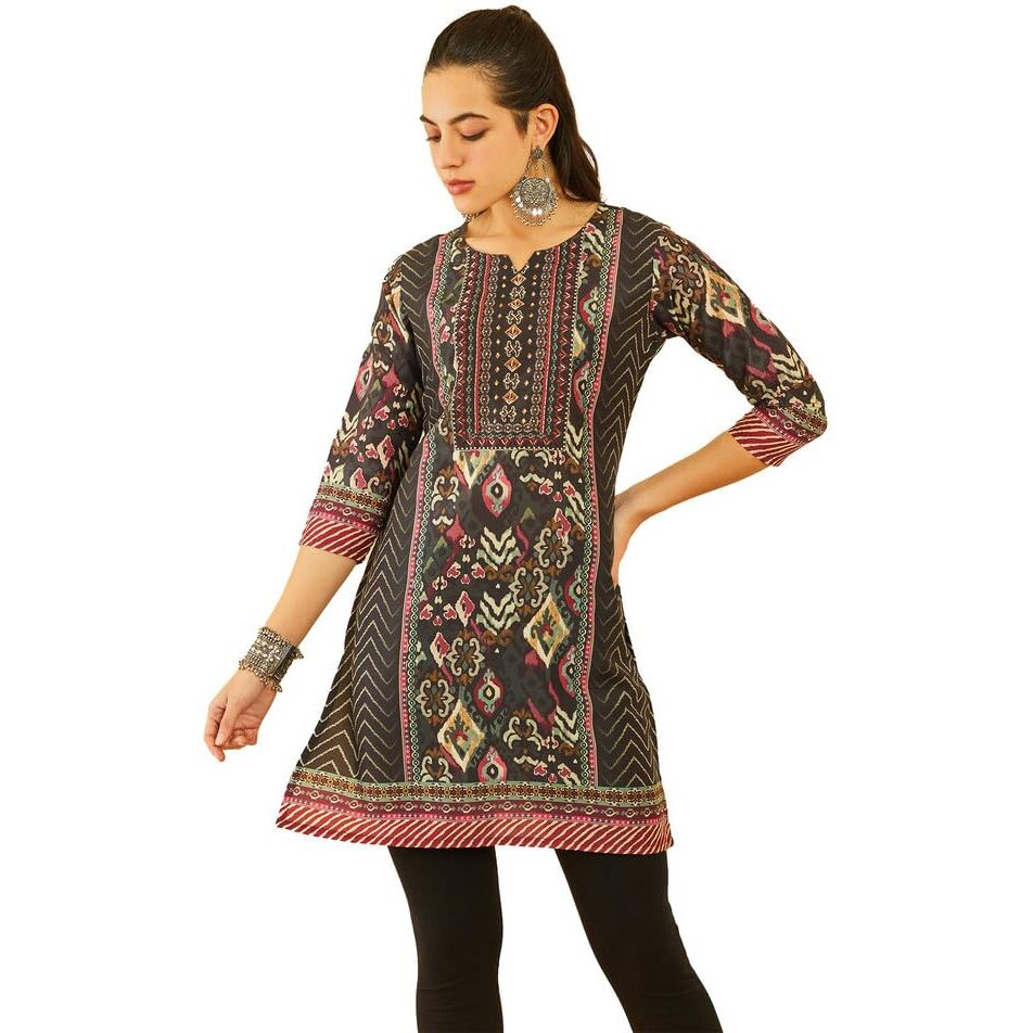 Soch Womens Black Poly Muslin Chevron Ethnic Printed Kurta With Cutdana