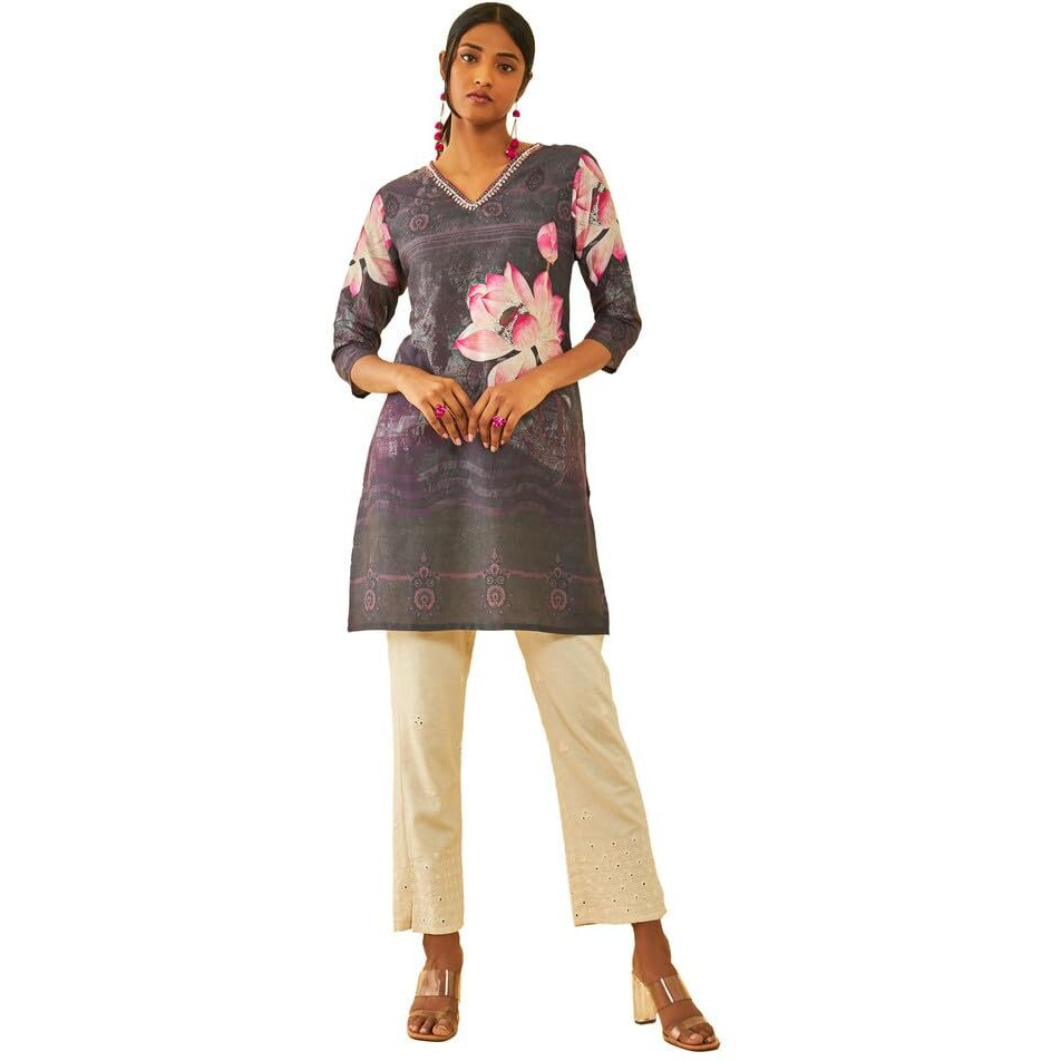 Soch Womens Purple Muslin Blend Floral Printed Kurta With Embellishment