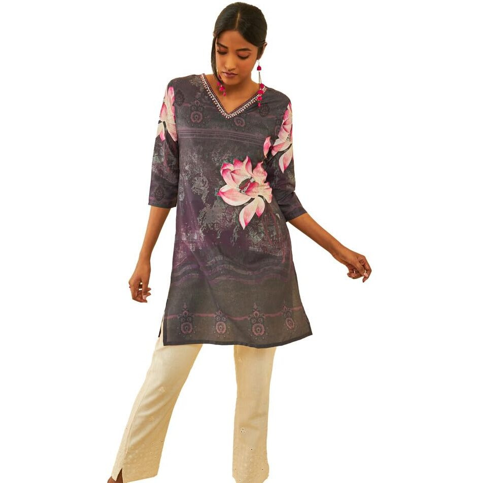 Soch Womens Purple Muslin Blend Floral Printed Kurta With Embellishment