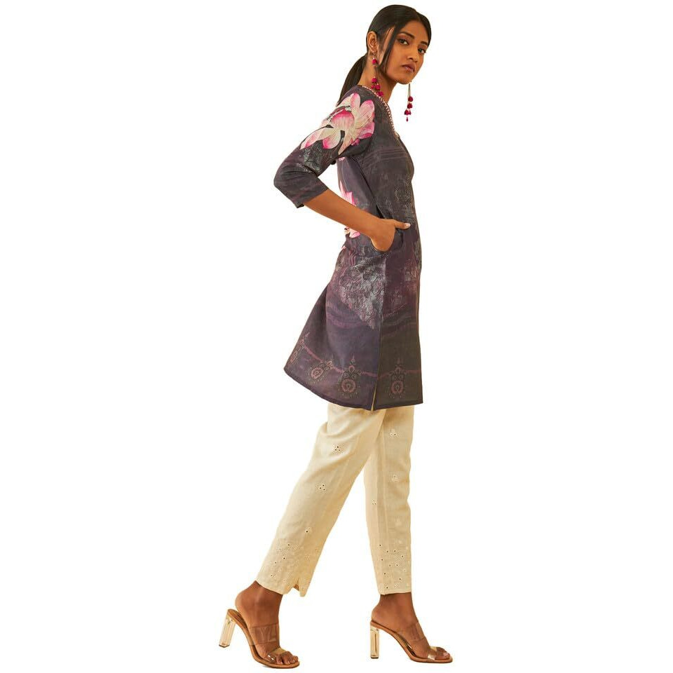 Soch Womens Purple Muslin Blend Floral Printed Kurta With Embellishment