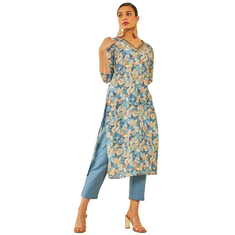 Soch Womens Blue Muslin Blend Floral Printed Kurta Set With Beads & Cutdana