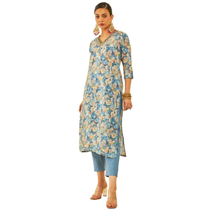 Soch Womens Blue Muslin Blend Floral Printed Kurta Set With Beads & Cutdana