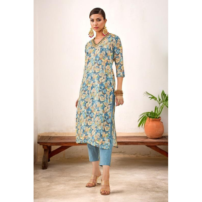 Soch Womens Blue Muslin Blend Floral Printed Kurta Set With Beads & Cutdana