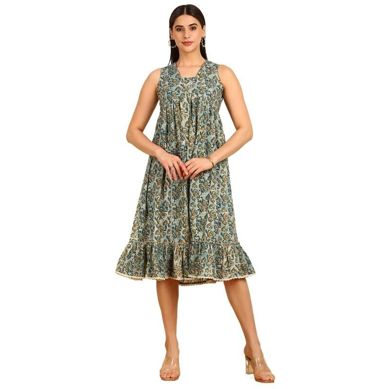Soch Womens Blue Floral Print Alia Cut Cotton Ethnic Dress