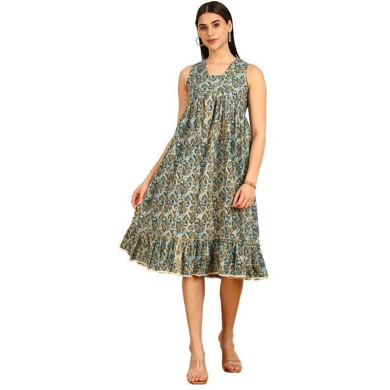 Soch Womens Blue Floral Print Alia Cut Cotton Ethnic Dress