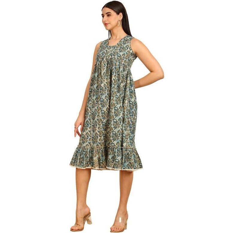 Soch Womens Blue Floral Print Alia Cut Cotton Ethnic Dress