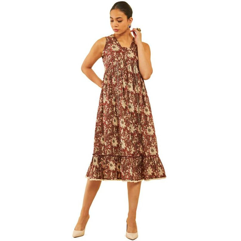 Soch Womens Maroon Cotton Floral Printed Empire Dress With Lace
