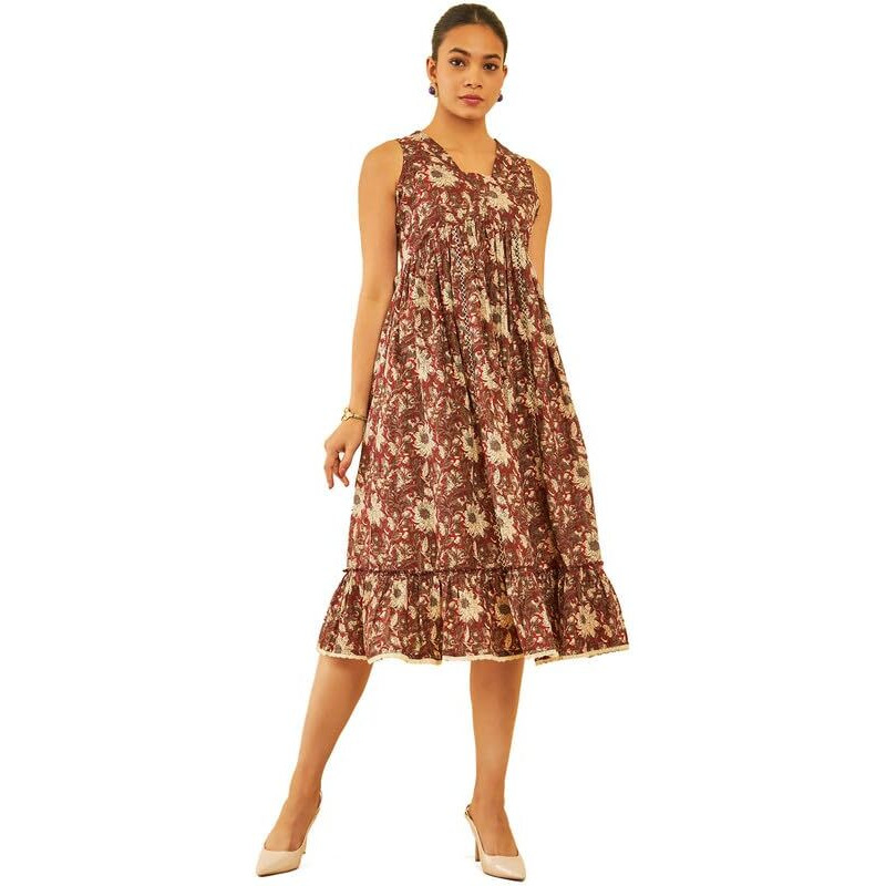 Soch Womens Maroon Cotton Floral Printed Empire Dress With Lace