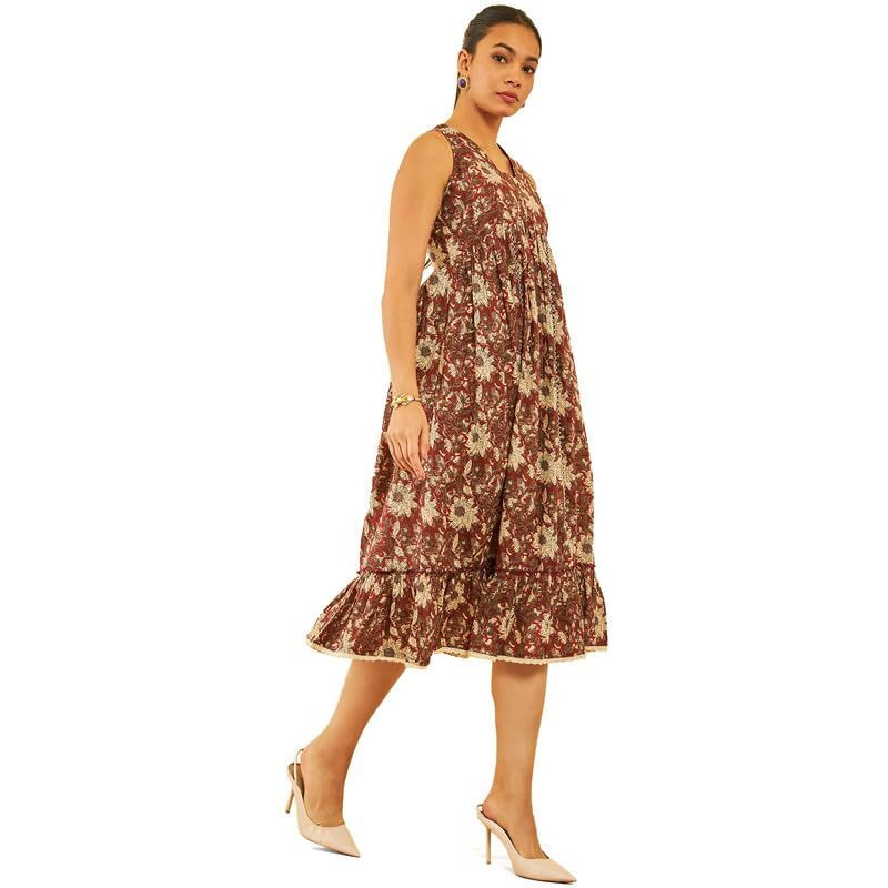 Soch Womens Maroon Cotton Floral Printed Empire Dress With Lace