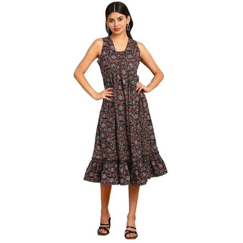 Soch Womens Black Floral Printed Cotton Alia Cut Ethnic Dress