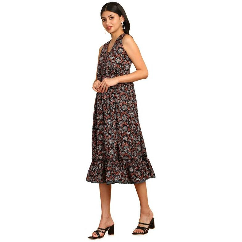 Soch Womens Black Floral Printed Cotton Alia Cut Ethnic Dress