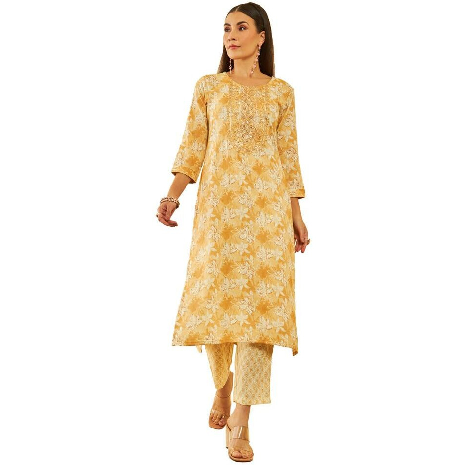 Soch Womens Mustard Rayon Floral Printed Kurta Set With Embroidery Details