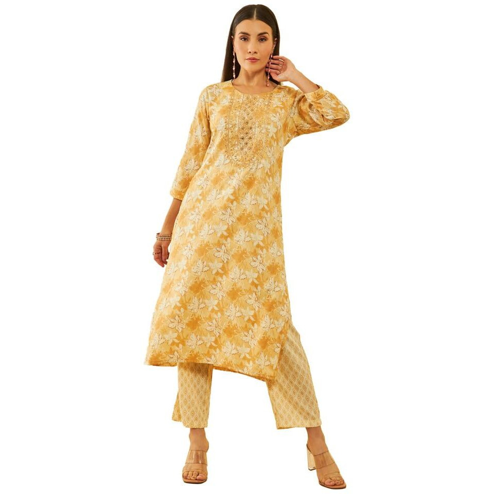 Soch Womens Mustard Rayon Floral Printed Kurta Set With Embroidery Details