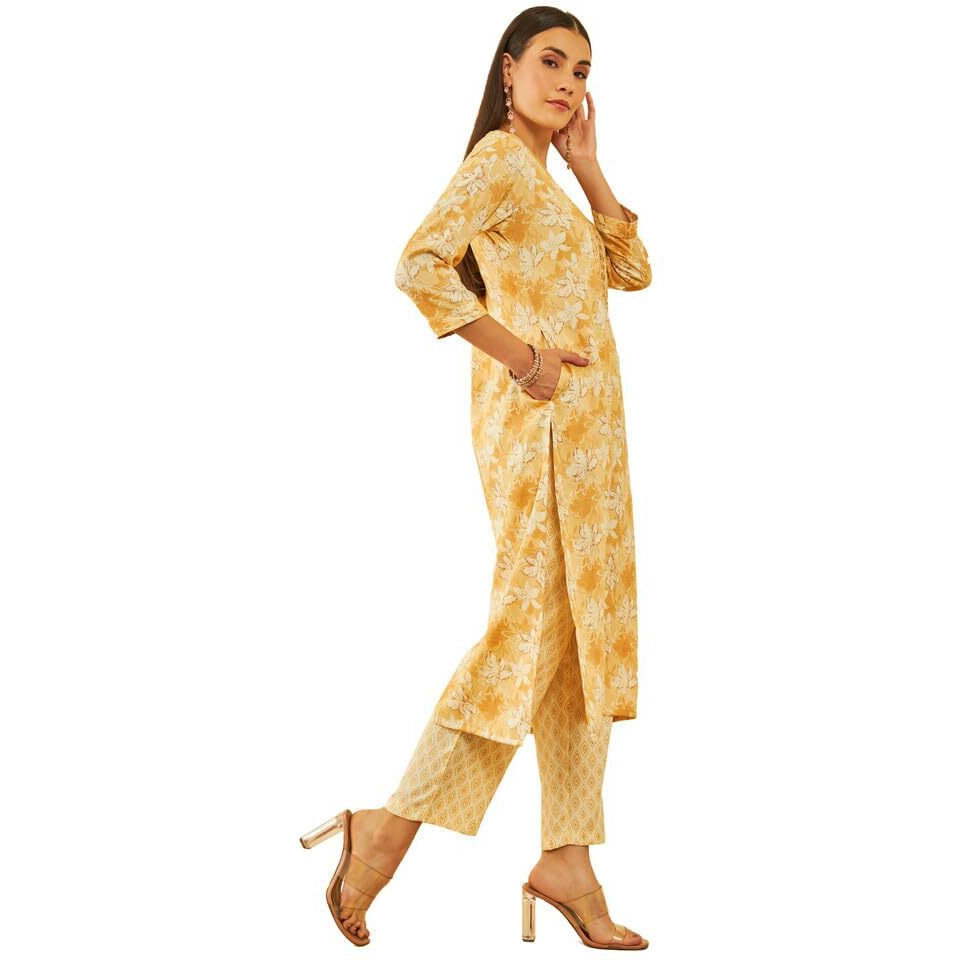 Soch Womens Mustard Rayon Floral Printed Kurta Set With Embroidery Details