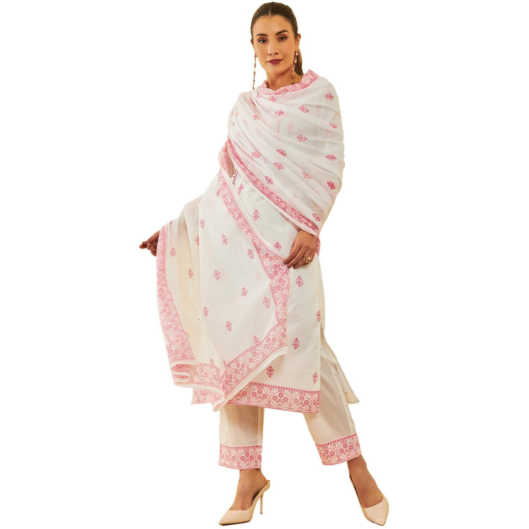 Soch Womens White & Red Cotton Floral Printed Suit Set With Cutdana Details