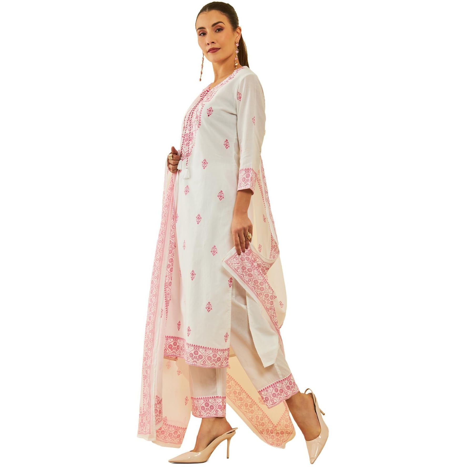 Soch Womens White & Red Cotton Floral Printed Suit Set With Cutdana Details
