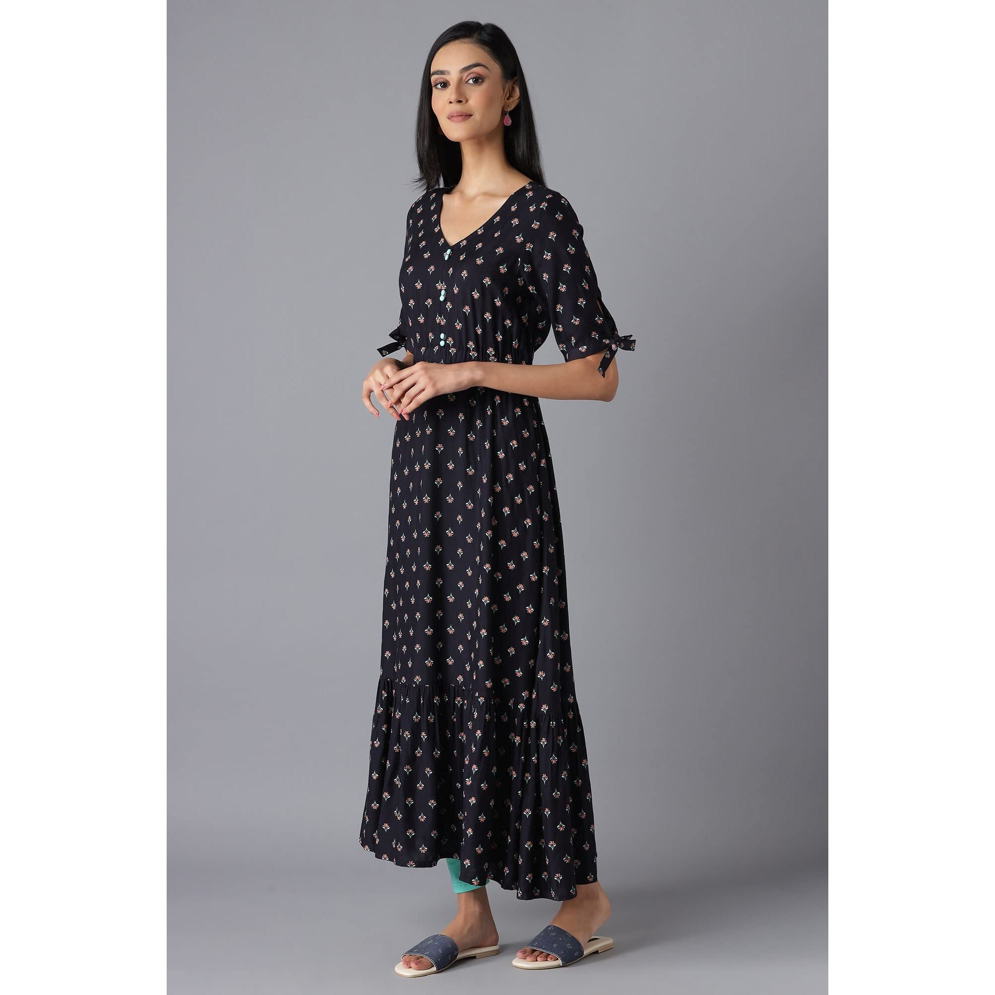 Aurelia Women's Black Khadi Printed Dress