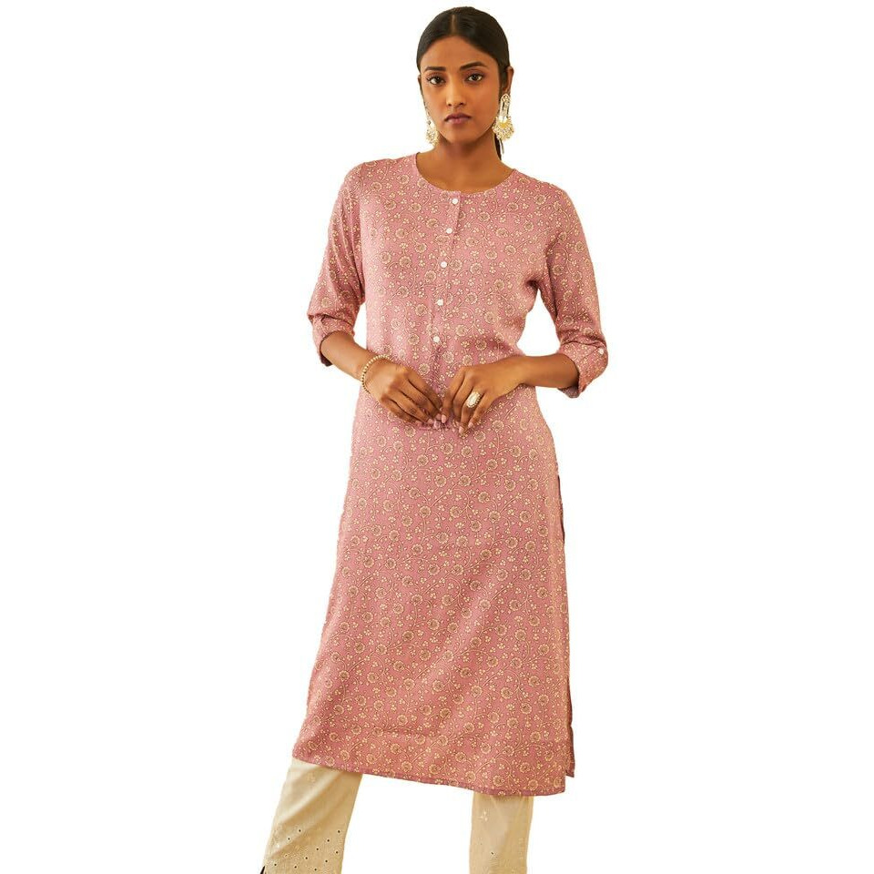 Soch Womens Onion Pink Rayon Floral Printed Roll-Up Sleeves Kurta With Tassels