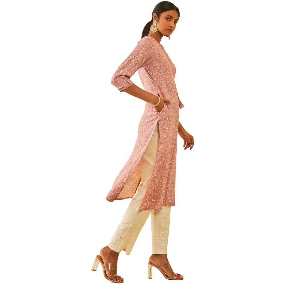 Soch Womens Onion Pink Rayon Floral Printed Roll-Up Sleeves Kurta With Tassels