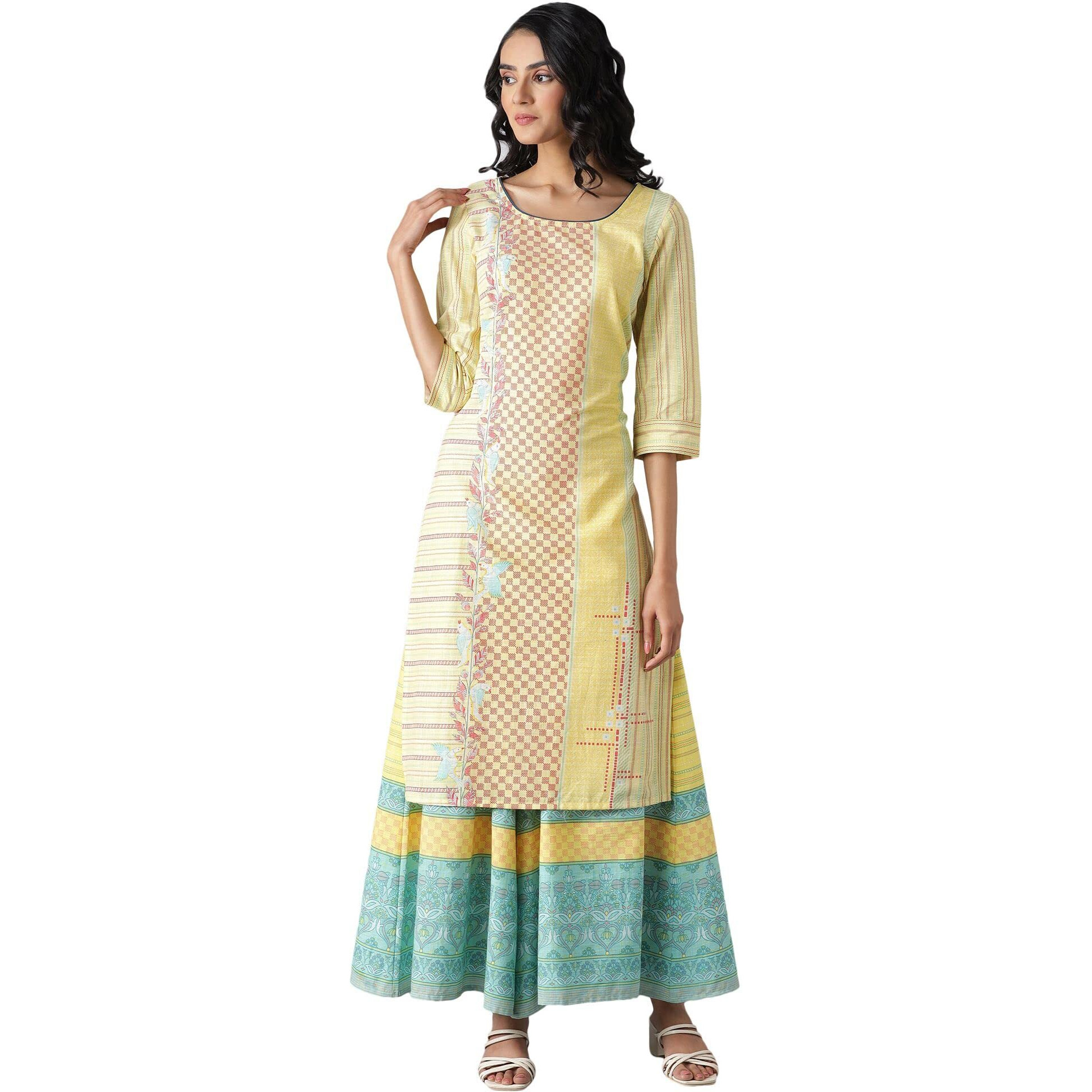 Aurelia Women's Floral Printed Printed Regular Yellow Cotton Kurta