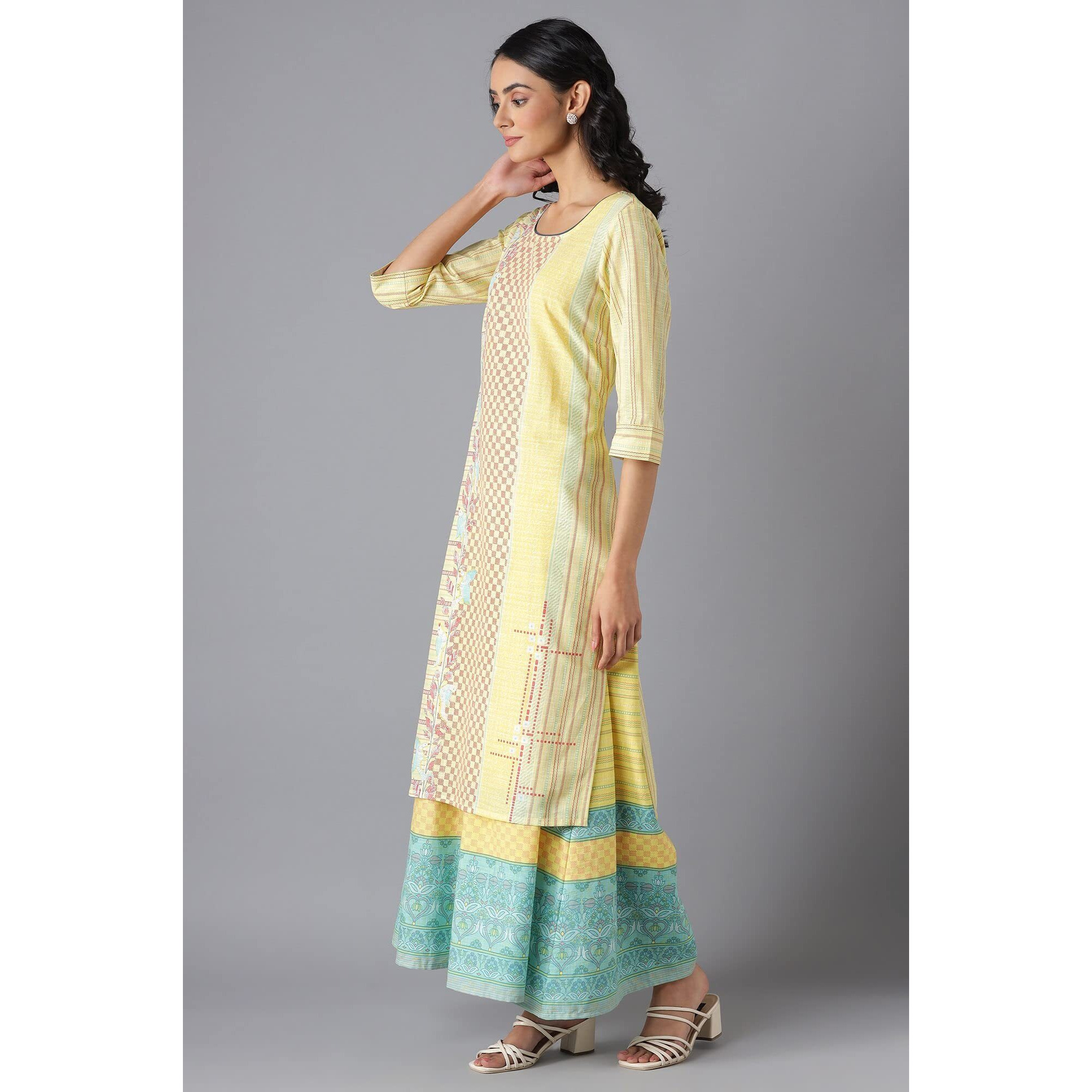 Aurelia Women's Floral Printed Printed Regular Yellow Cotton Kurta