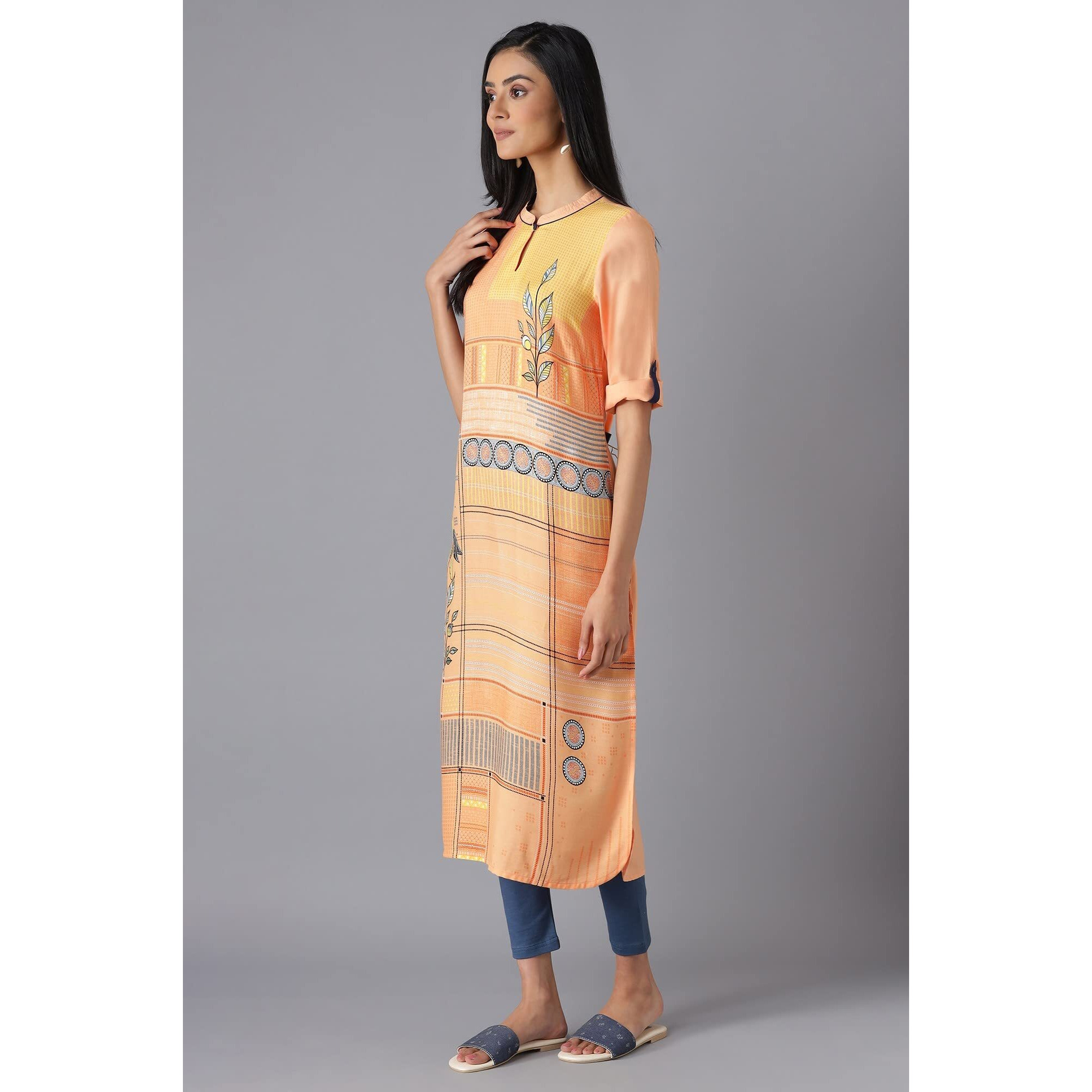 Aurelia Women's Viscose Geometric Regular Kurta (22Fea12941-503651_Apricot Wash_L)