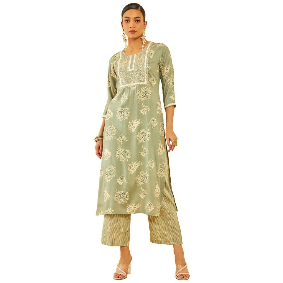 Soch Womens Sap Green Rayon Embroidered Kurta Set With Sequins